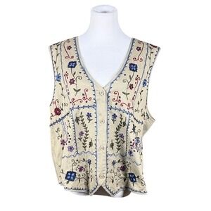 Bobbie Brooks Woman Khaki Floral Embroidered Cotton Vest Plus Sz 18W 20W BBS10W